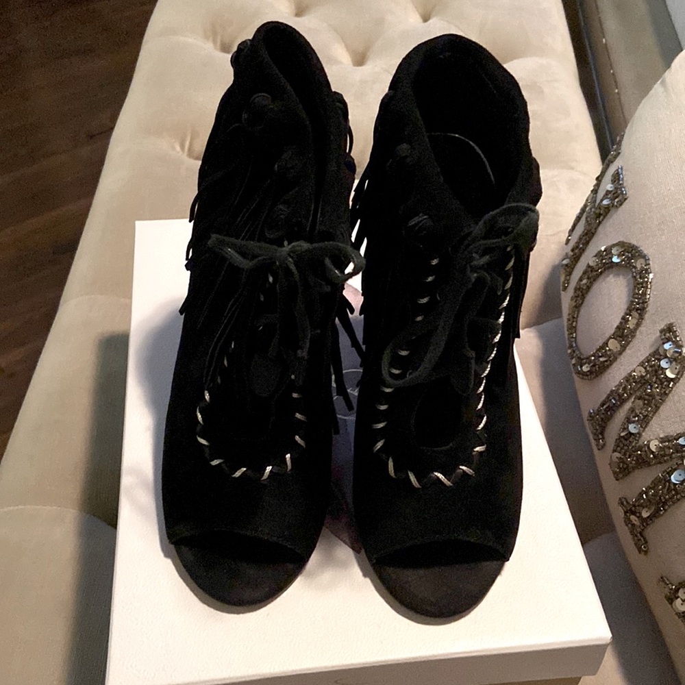 Cynthia Vincent Nailed Fringe Open Toe Booties